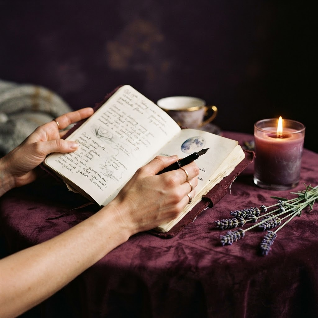 Hands holding an open journal in soft natural light, evoking a daily nourishment ritual
